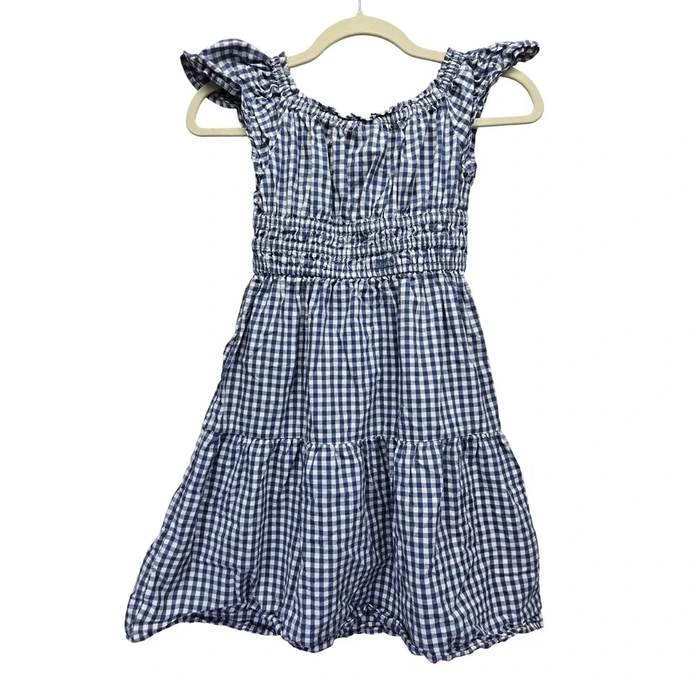 Gap Kids Blue Gingham Smocked Flutter Sleeve Tiered Dress Size Small 6/7 Kidcore